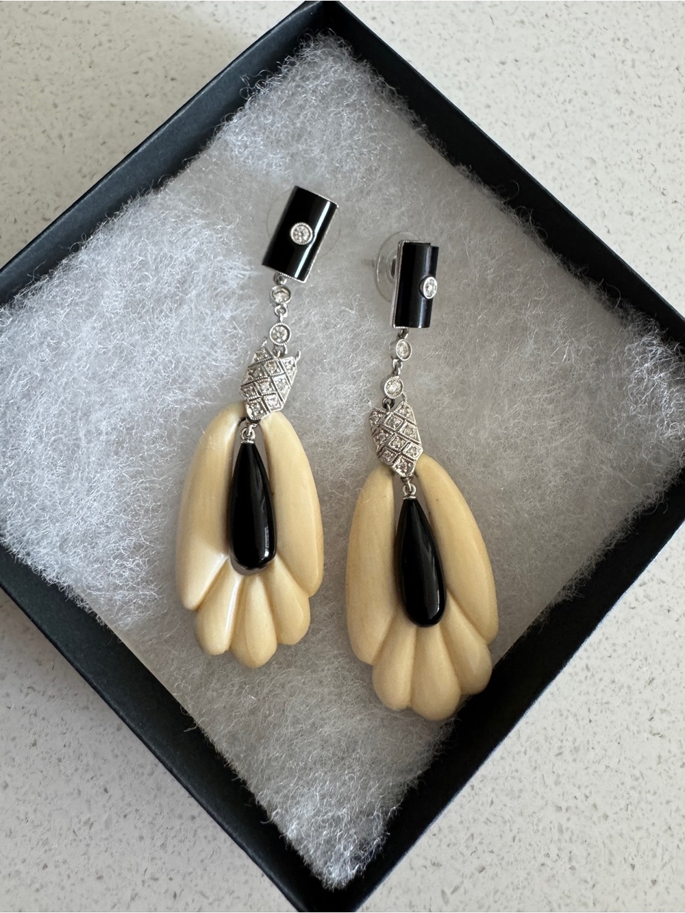 Antique 1930’s Elegant Diamond Black Onyx and Cream Bone Drop Earrings